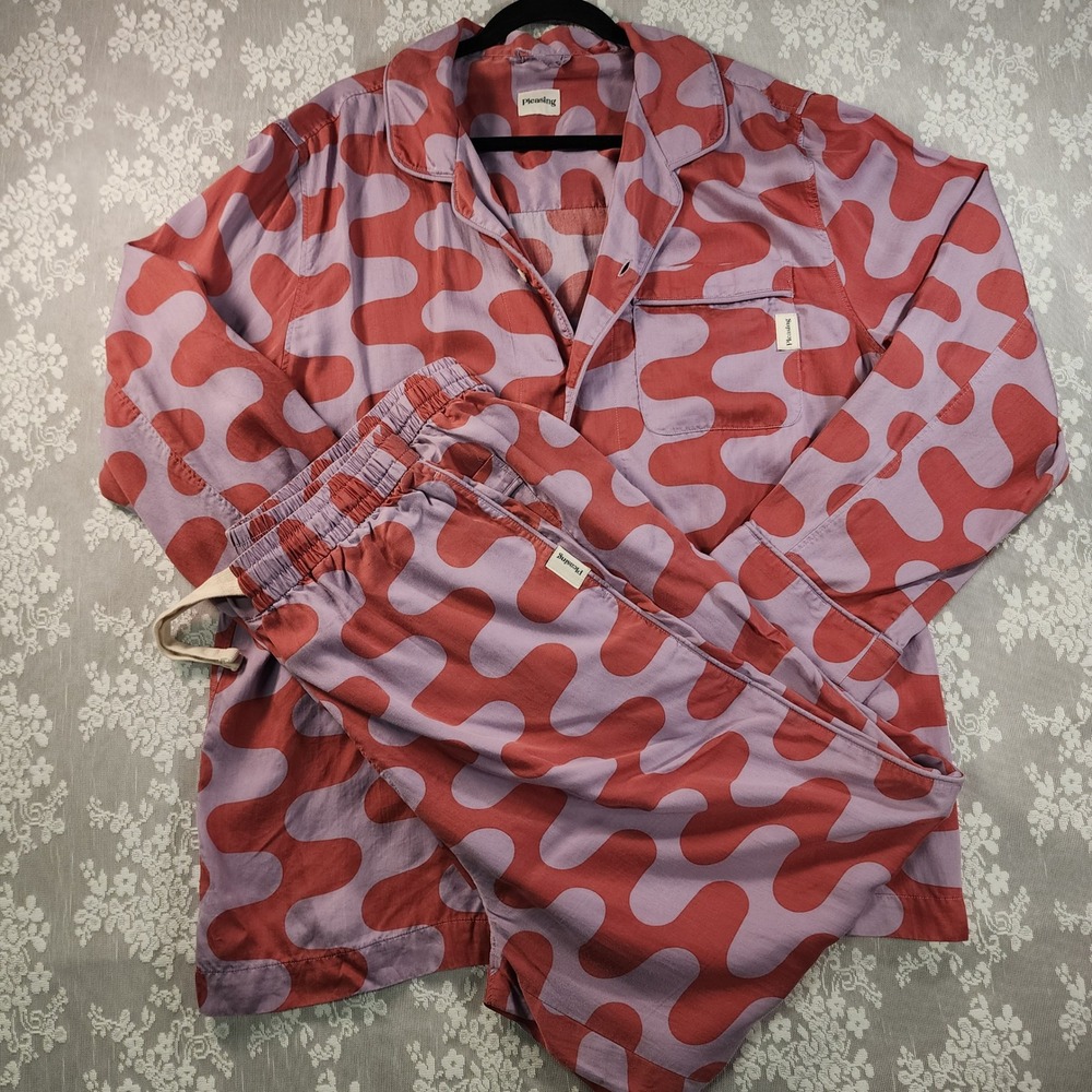 Pleasing Harry Styles Pajama Set XL 100% Tencel Red Lavender Wavy Print 2pc